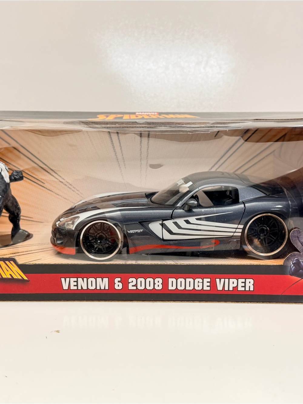 Jada marvel Venom & 2008 Dodge Viper Diecast Car - Dark Gray with White Stripe